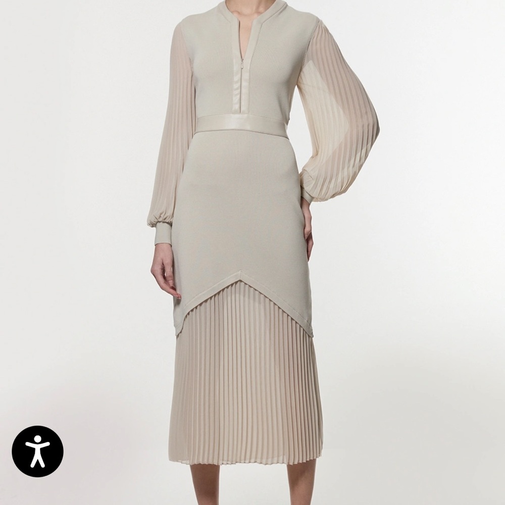 Karen Millen Woven Sleeved Pleated Dress With Pu